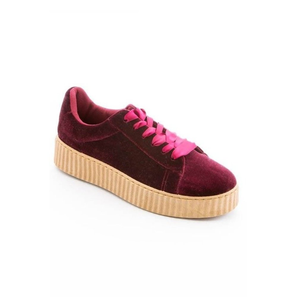 3 Burgundy Velvet Platform Sneakers Satin Laces